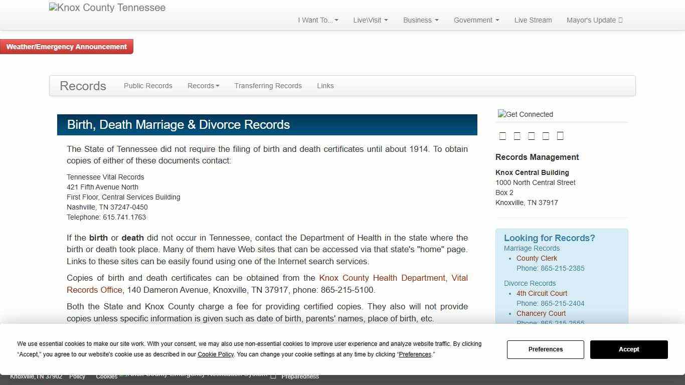 Birth, Death Marriage & Divorce Records - Records Management - Knox County Tennessee Government